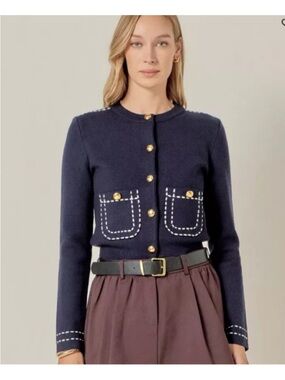 English Factory Navy/White Stitch Detail Puff Sleeve Cardigan